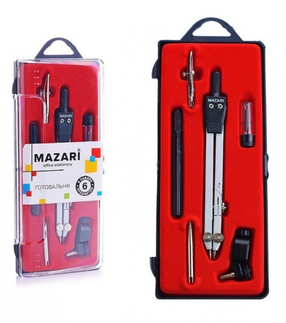 Готовальня, 6 предметов (циркуль 140мм, насадка на рейсфедер, держатель для рейсфедера, оцинкованная игла, насадка-адаптер, пенал с запасным грифелем), пластиковая упаковка с подвесом