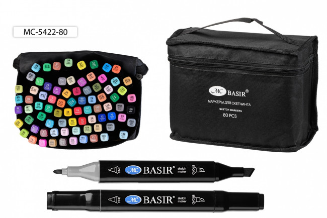 Набор скетчмаркеров: двусторонние, пулевидный и клиновидный наконечники 1,0-7,0 mm; чёрный четырёхгранный корпус; на спиртовой основе; тканевая черная сумка на молнии, 80 цветов.