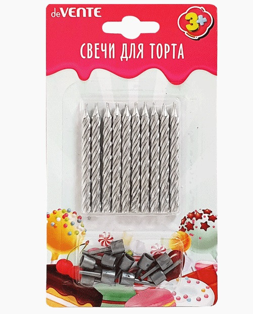 Набор свечей для торта"Silver" 10 спиральных свечек 6x0,52см и 10 держателей, deVENTE/9060914 (24)