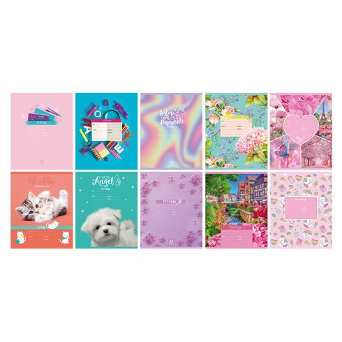 Тетрадь школьная А5 скоба 24л. одна линия "MIX-10 Девочки" (ассорти) 10 дизайнов (25/150)