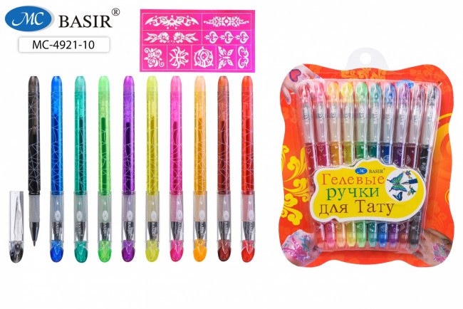 Набор гелевых ручек для ТАТУ: с блестками, наклейки-трафареты, цветной полупрозрачный корпус с рисунком, рифлёный резиновый держатель; упаковка с европодвесом