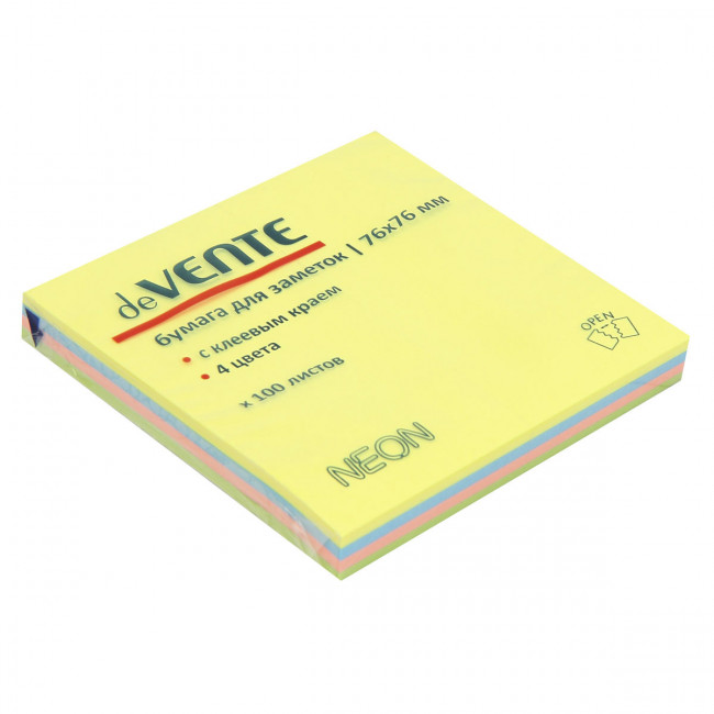 Клейкая бумага для заметок 76x76мм, 100 листов, офсет 75 г/м², 4цв, deVENTE/2010719 (12)