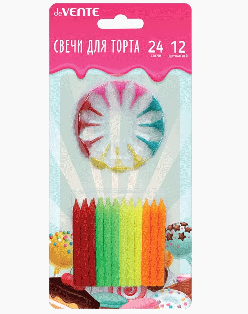 Набор свечей для торта "deVENTE. Neon" 24 неоновых свечки 6x0,52 см и 12 держателей, в картонном блистере Набор свечей для торта "deVENTE. Neon" 24 неоновых свечки 6x0,52 см и 12 держателей, в картонном блистере