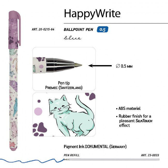 Ручка шариковая 0,5мм синяя "HappyWrite. Кошки", BV/20-0215/64 (24)