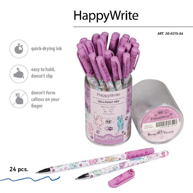 Ручка шариковая 0,5мм синяя "HappyWrite. Кошки", BV/20-0215/64 (24)