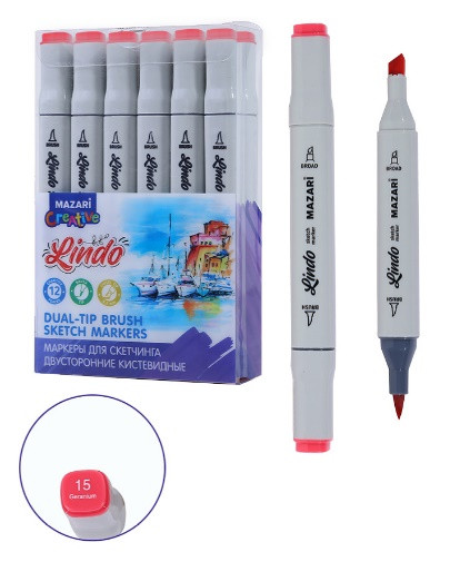 Маркер для скетчинга двусторонний LINDO, geranium, кистевид./клиновид.наконечники, пиш.узлы 1.0-6.2мм, ПВХ- упаковка