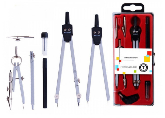 Готовальня, 7 предметов (циркуль 140мм, циркуль- измеритель 130мм, циркуль- трансформер 90мм, держатель для рейсфедера, насадка-адаптер, удлинитель, пенал с запасным грифелем), пластиковая упаковка с подвесом Готовальня, 7 предметов (циркуль 140мм, циркуль- измеритель 130мм, циркуль- трансформер 90мм, держатель для рейсфедера, насадка-адаптер, удлинитель, пенал с запасным грифелем), пластиковая упаковка с подвесом