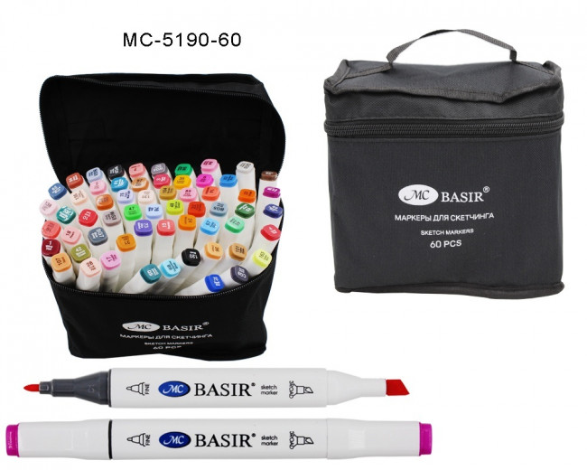 Набор скетчмаркеров: двусторонние,1,0-7,0 mm; белый четырёхгранный корпус; ; тканевая чёрная сумка на молнии, 60 цветов/ МС-5190-60 Набор скетчмаркеров: двусторонние,1,0-7,0 mm; белый четырёхгранный корпус; ; тканевая чёрная сумка на молнии, 60 цветов/ МС-5190-60