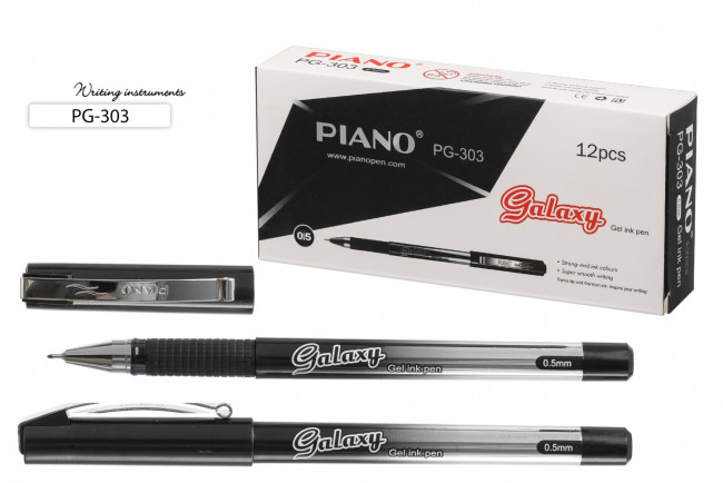 Гелевая ручка  "Piano GALAXY " : чёрно-серебристый корпус, игольчатый наконечник, резиновый держатель, диаметр пишущего узла-0,5 mm, цвет чернил -чёрный.