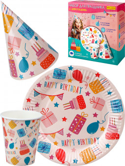 Набор для праздника  С днём рождения (тарелка 6 шт, стаканы 6 шт, колпаки 6 шт),НП-2136