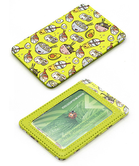 Обложка для проездного билета  зеленая "Суши" 2 кармана, А7, гладкая экокожа, CJ-7581 (2/500/1000)