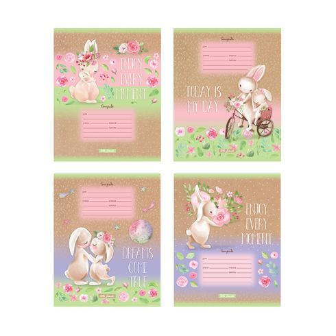 Тетрадь школьная А5 скоба 12л. крупная клетка "Милые зайчики" выборочные блёстки (ассорти) BG (16/160)