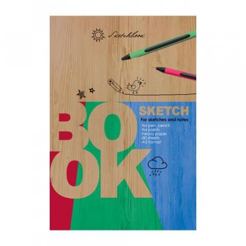Скетчбук А5 переплёт твёрдый 80л. "Sketch wood" ламинация матовая белый блок