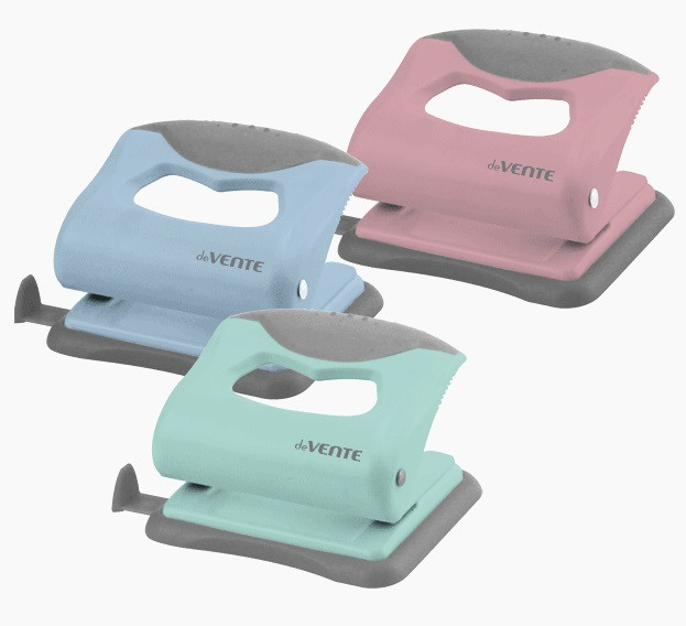 Дырокол "Pastel" на20л, пластиковый с каучуковой вставкой, с линейкой, 3 пастельных цвета,  deVENTE