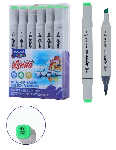 Маркер для скетчинга двусторонний LINDO, grass green, кистевид./клиновид.наконечники, пиш.узлы 1.0-6.2мм, ПВХ- упаковка