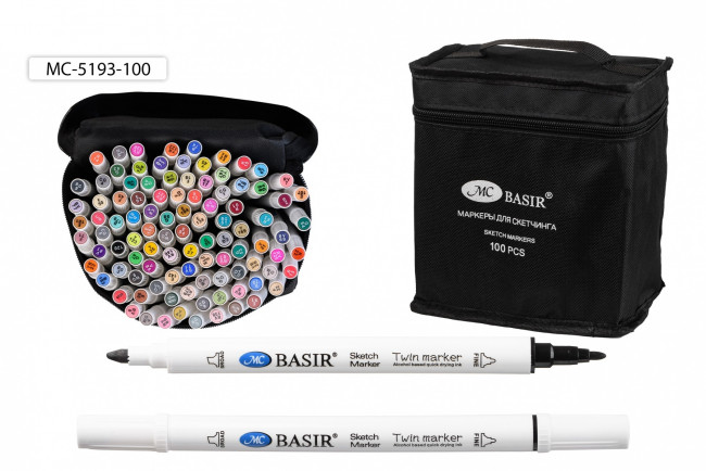 Набор скетчмаркеров: двусторонние-пулевидный и клиновидный наконечники, ширина линии письма 1,0-7,0 mm; белый корпус; чернила на спиртовой основе; тканевая чёрная сумка на молнии, 100 цветов.