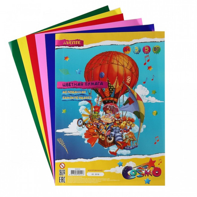 Бумага цветная мелованная самоклеящаяся A4 "deVENTE" 80 г/м², A4 5 цв, 5 л, пластиковый пакет с европодвесом