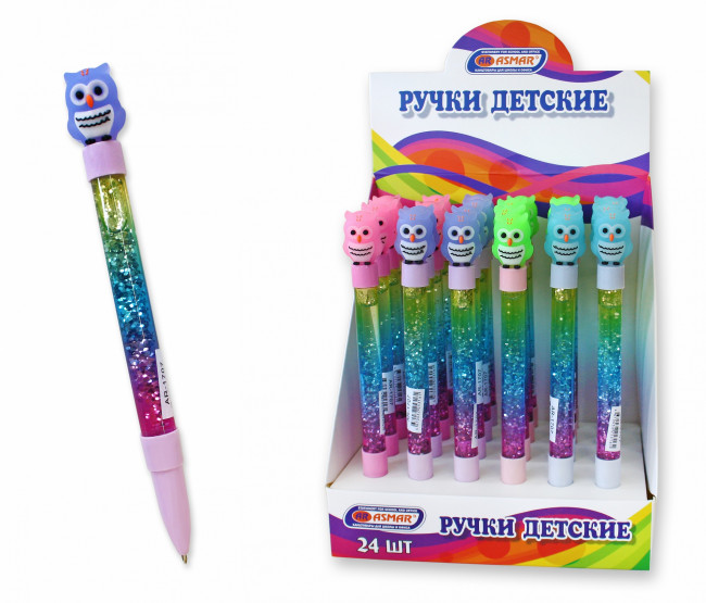 Ручка  шариковая синяя с плавающими блестками "Сова" AR-1707 ASMAR (24)