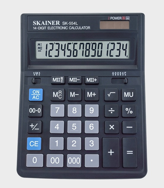 Калькулятор настольный 14-разрядный, большой, черный, размер: 157 x 200 x 32мм. SKAINER/SK-554L/SDC-554