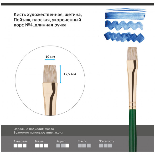 Кисть художественная щетина Гамма "Пейзаж", плоская, укороченный ворс №4, длинная ручка