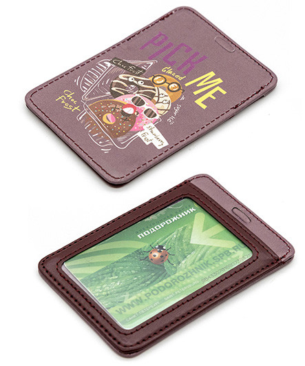 Обложка для проездного билета CJ-7582 бордовая "Пончики" 2 кармана, А7, гладкая экокожа (2/500/1000)