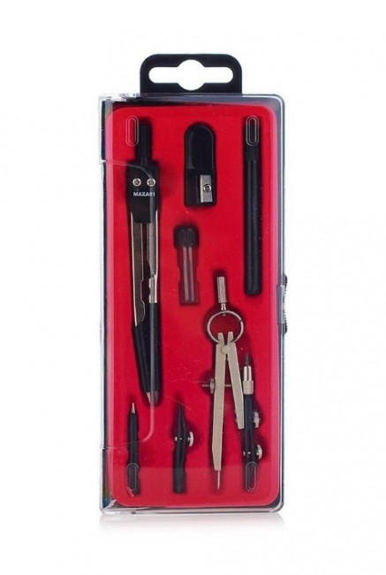 Готовальня, 7 предметов (циркуль, игла, циркуль- трансформер,  точилка, грифель для циркуля в футляре, насадка на рейсфедер, держатель для рейсфедера), пластиковая упаковка с подвесом