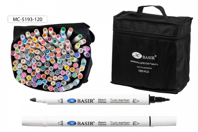 Набор скетчмаркеров: двусторонние-пулевидный и клиновидный наконечники, ширина линии письма 1,0-7,0 mm; белый корпус; чернила на спиртовой основе; тканевая чёрная сумка на молнии, 120 цветов.