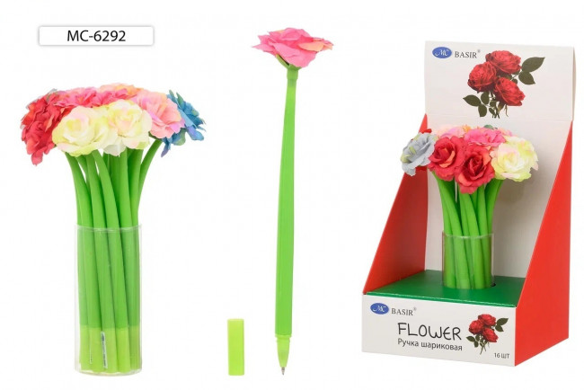 Шариковая ручка: "РОЗА"; прорезиненный корпус зелёного цвета, наконечник роза /цвета в ассортименте/, цвет чернил-синий.