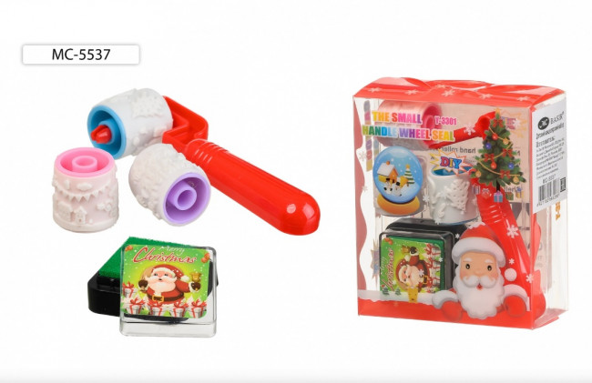 Набор подарочный канцелярский: детский "НОВОГОДНЯЯ ТЕМАТИКА"; ролик-штамп фигурный 3 шт+штемпельная подушка, пластиковая упаковка/9*8 см/.