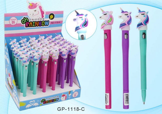 Шариковая ручка детская+фонарик; "ЕДИНОРОГ"; цветной  корпус /ассорти/,  прорезиненный клип фонарик-единорог, цвет чернил-синий.