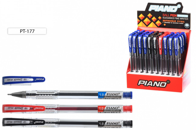 Шариковая ручка: PIANO, на масляной основе, прозрачный корпус, прозрачный колпачок с цветным клипом и серой вставкой на клипе, /ассорти: 5шт. - красных, 10 шт.-черных, 35 шт.-синих/