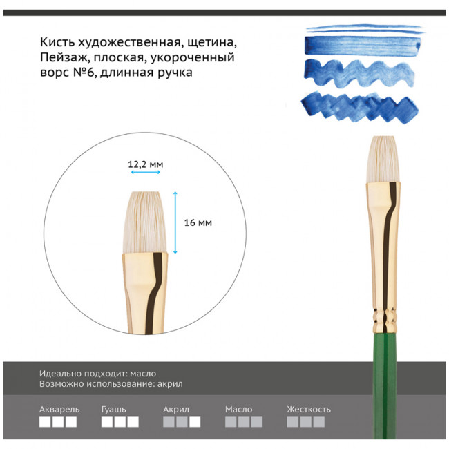 Кисть художественная щетина Гамма "Пейзаж", плоская, укороченный ворс №6, длинная ручка