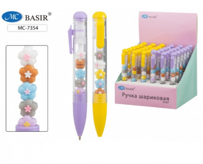 Авторучка синяя "ЦВЕТЫ", объёмный прозрачный корпус, Basir/МС-7354 (36)