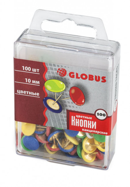 Кнопки канцелярские 10 мм, 100 шт. виниловое покрытие цветные К10-100 Ц