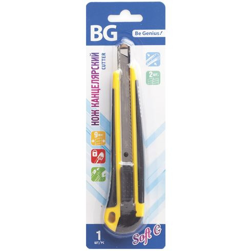 Нож канцелярский "Soft G", 9 мм, система "Auto-lock", пластиковый корпус с мягкими вставками, металлическая направляющая, 2 зап. лезвия, ассорти, блистер с европодвесом, 12/144 шт. в упак. Нож канцелярский "Soft G", 9 мм, система "Auto-lock", пластиковый корпус с мягкими вставками, металлическая направляющая, 2 зап. лезвия, ассорти, блистер с европодвесом, 12/144 шт. в упак.