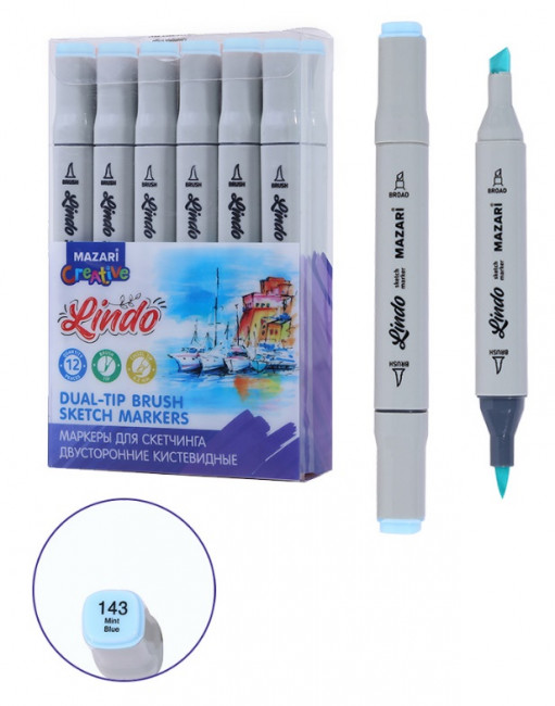 Маркер для скетчинга двусторонний LINDO, mint blue, кистевид./клиновид.наконечники, пиш.узлы 1.0-6.2мм, ПВХ- упаковка Маркер для скетчинга двусторонний LINDO, mint blue, кистевид./клиновид.наконечники, пиш.узлы 1.0-6.2мм, ПВХ- упаковка