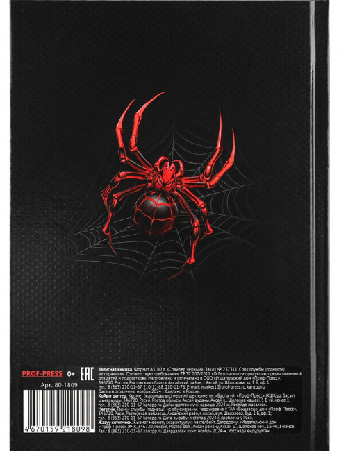 Записная книжка А5 80л клетка "Спайдер черный", 7БЦ, сшивка, Проф-Пресс/80-1809 (20)