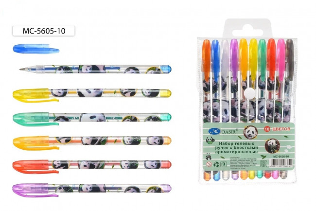 Набор гелевых ручек: "ПАНДА"; ароматизированные, с блёстками, прозрачный пластиковый корпус с рисунком, цветной колпачок /в цвет чернил/, упаковка с европодвесом, 10 цветов.