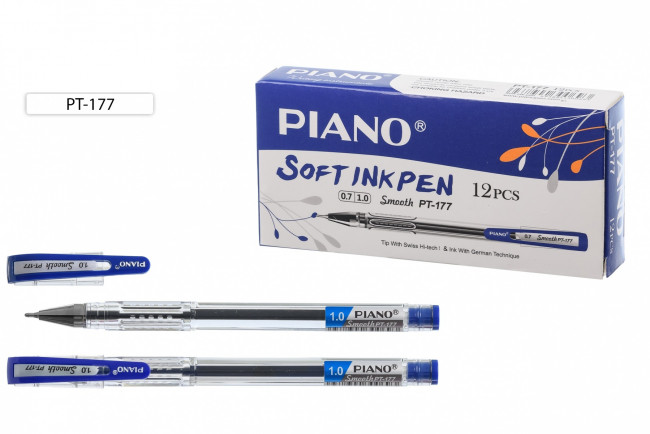 Шариковая ручка: PIANO, на масляной основе, прозрачный корпус, прозрачный колпачок с цветным клипом и серой вставкой на клипе, цвет чернил-синий.0,7mm/1mm.