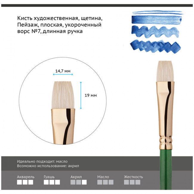 Кисть художественная щетина Гамма "Пейзаж", плоская, укороченный ворс №7, длинная ручка