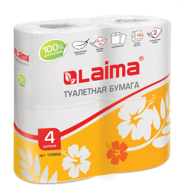 Бумага туалетная бытовая, спайка 4 шт., 2-х слойная, (4х19 м), LAIMA, белая, 126904 Бумага туалетная бытовая, спайка 4 шт., 2-х слойная, (4х19 м), LAIMA, белая, 126904