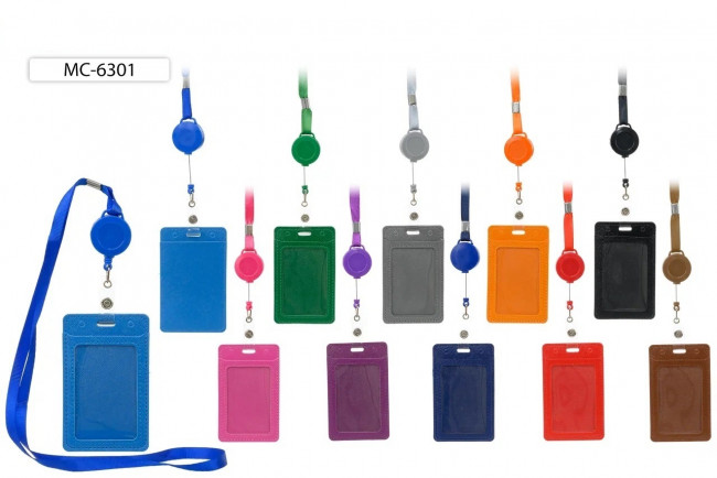 Бейдж А7 вертикальный, кожзам, с рулеткой-ретрактором с вытяжной нитью, два карманчика, Basir/МС-6301 (20)