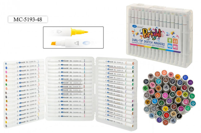 Набор скетчмаркеров: двусторонние-пулевидный и клиновидный наконечники, ширина линии письма 1,0-7,0 mm; белый корпус; чернила на спиртовой основе; упаковка-плотный пластиковый бокс, 48 цветов.