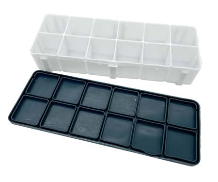 Палитра "Прямоугольная" 19*7*3см, на 12 ячеек, пластиковая белая, с силиконовой крышкой, WGWZ-1  (1/180)