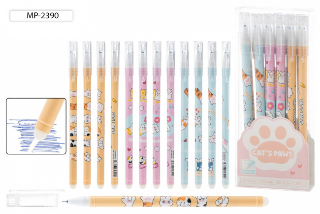 Ручка гелевая 0,38мм синий "Лапки", со стираемыми чернилами, Basir/MP-2390 (12)