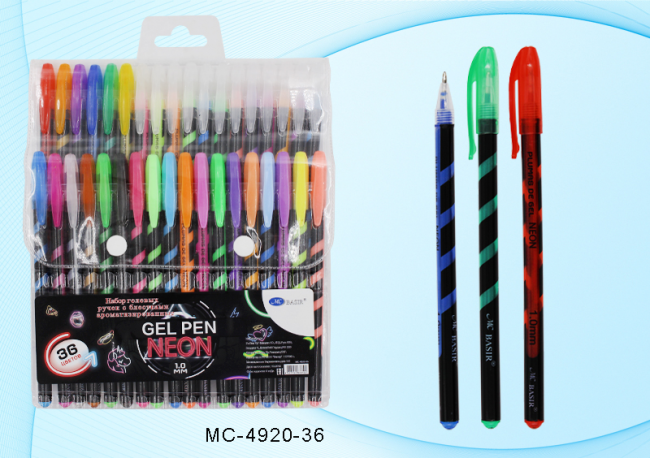 Набор гелевых ручек: ароматизированные, неон, пастель, с блёстками, пластиковый корпус /чёрно-цветная винтовая полоска/, цветной колпачок /в цвет чернил/, упаковка с европодвесом, толщина пишущего наконечника 1,0mm, 36 цветов