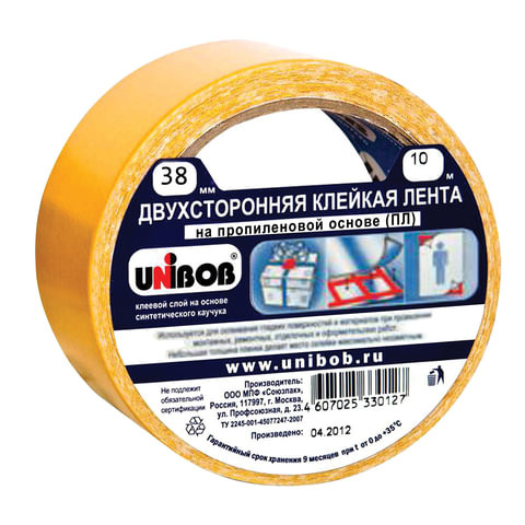Клейкая двухсторонняя лента 38 мм х 10 м, ПОЛИПРОПИЛЕНОВАЯ ОСНОВА, UNIBOB