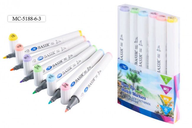 Набор скетчмаркеров: пастельные тона; двусторонние,1,0-7,0 mm; белый треугольной формы корпус; на спиртовой основе; 6 цветов/МС-5188-6-3