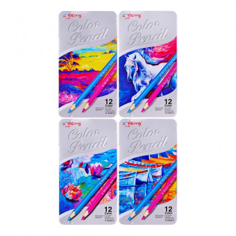 Карандаши цветные 12цв  "Пейзаж",в металическом пенале, 4 вида, ассорти, YALONG/YL191090-12
