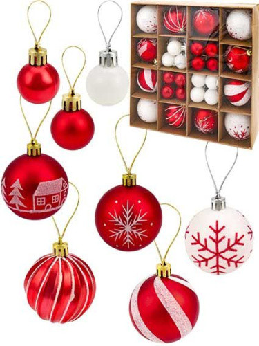 Набор ёлочных шаров "Зимушка" 32шт 3см, 12шт 6см, красный, белый MILAND/НШ-1497